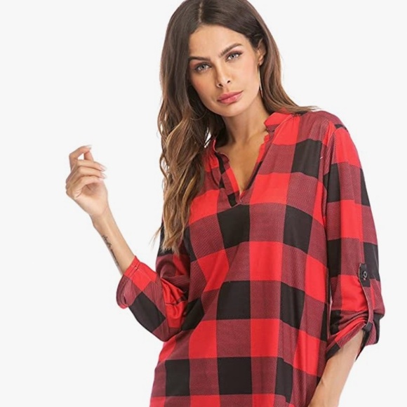 Women Roll-Up 3/4 Sleeve Plaid Shirt Tunic V Neck Casual Pullover Blouses Tops - Picture 4 of 6